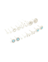 Antique Silver Turquoise Stone & Unicorn Stud Earrings 8-Pack - link has visual effect only