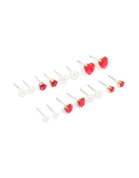 Gold Red Diamante Heart & Pearl Earrings 8-Pack - link has visual effect only