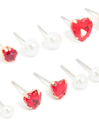 Gold Red Diamante Heart & Pearl Earrings 8-Pack - link has visual effect only