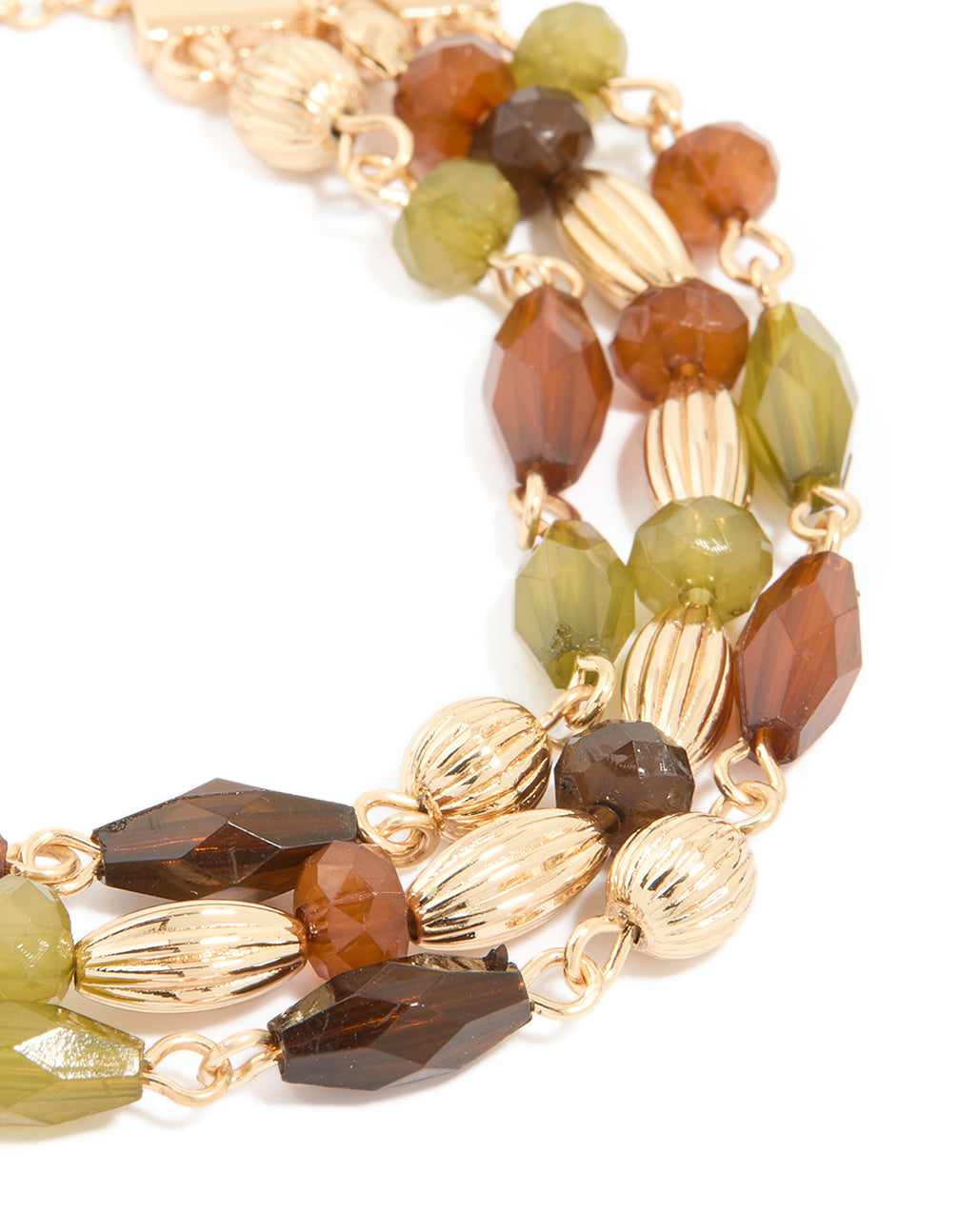 Gold Green & Brown Beaded Triple Layered Toggle Bracelet