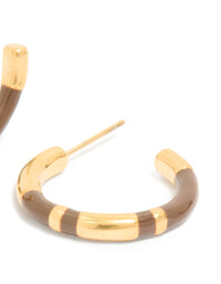 Waterproof Gold Plated Stainless Steel Small Brown Enamel Stripe Hoop Earrings - link has visual effect only