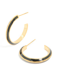 Waterproof Gold Plated Stainless Steel Black Enamel Stripe Hoop Earrings - link has visual effect only