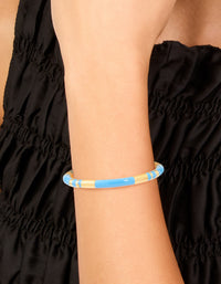Waterproof Gold Plated Stainless Steel Stripe Blue Enamel Wrist Cuff - link has visual effect only