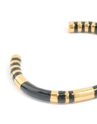 Waterproof Gold Plated Stainless Steel Striped Black Enamel Wrist Cuff - link has visual effect only
