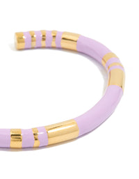 Waterproof Gold Plated Stainless Steel Lilac Enamel Striped Wrist Cuff - link has visual effect only