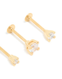 Gold Plated Surgical Steel Cubic Zirconia Flat Back Studs 3-Pack - link has visual effect only