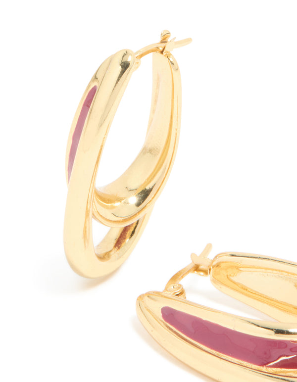 Waterproof Gold Plated Stainless Steel & Red Enamel Double Illusion Hoop Earrings