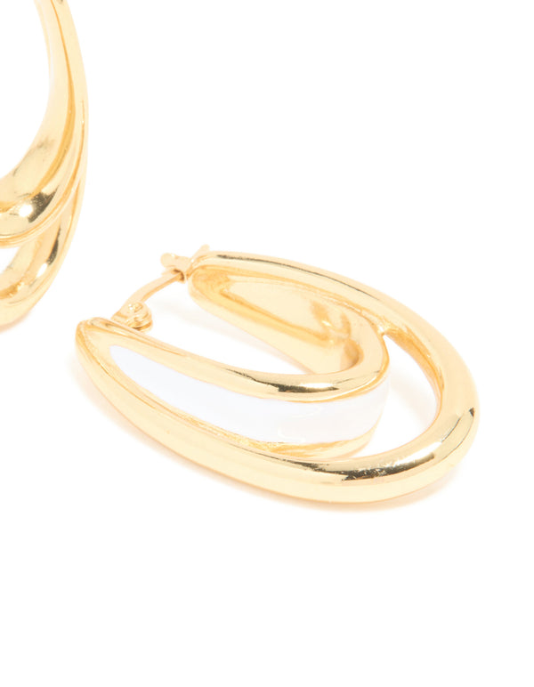 Waterproof Gold Plated Stainless Steel White Enamel Double Illusion Hoop Earrings