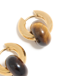 Waterproof Gold Plated Stainless Steel Tiger's Eye Semi Precious Stone Dainty Huggie Earrings - link has visual effect only