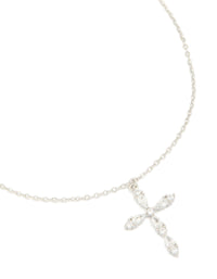 Showcasing a waterproof stainless steel multi cubic zirconia large cross necklace with statement styling in silver and clear close up view - link has visual effect only