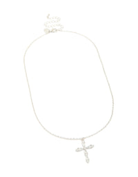 Featuring a waterproof stainless steel multi cubic zirconia large cross necklace with statement details in silver and clear front view - link has visual effect only