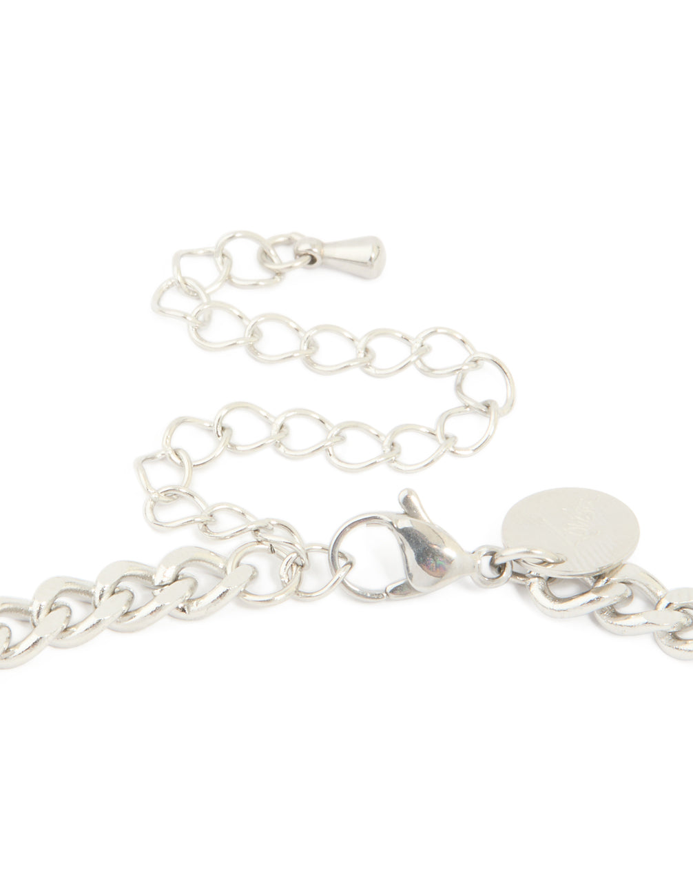 Detailed waterproof stainless steel smooth plain necklace featuring a cross pendant in silver clasp detail view