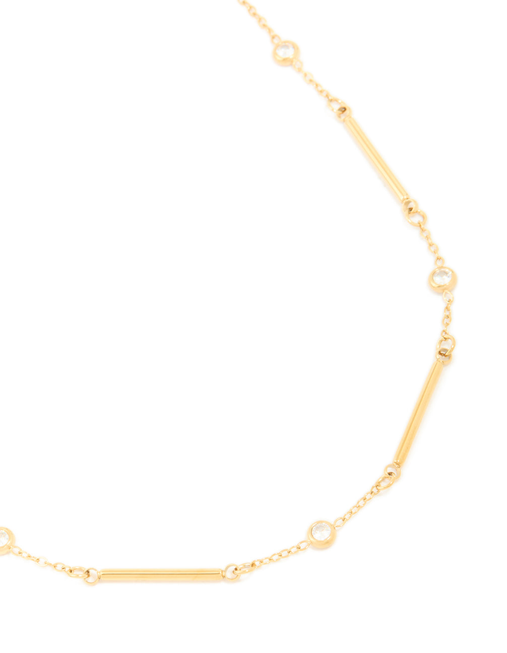 Showcasing a waterproof pebble station necklace crafted from gold plated stainless steel close up view