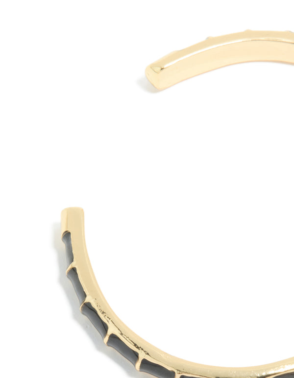 Waterproof Gold Plated Stainless Steel Black Enamel Bamboo Wrist Cuff
