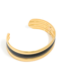 Waterproof Gold Plated Stainless Steel Black Enamel Inlay Wrist Cuff - link has visual effect only
