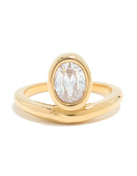 Waterproof Gold Plated Stainless Steel Cubic Zirconia Oval Bezel Ring - link has visual effect only
