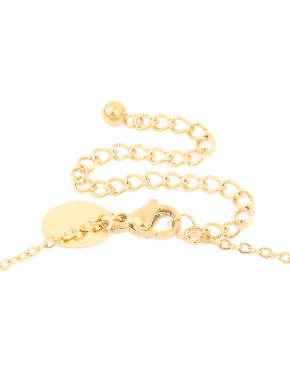 Highlighting a waterproof bamboo letter K initial feature pendant necklace crafted from gold plated stainless steel clasp detail view