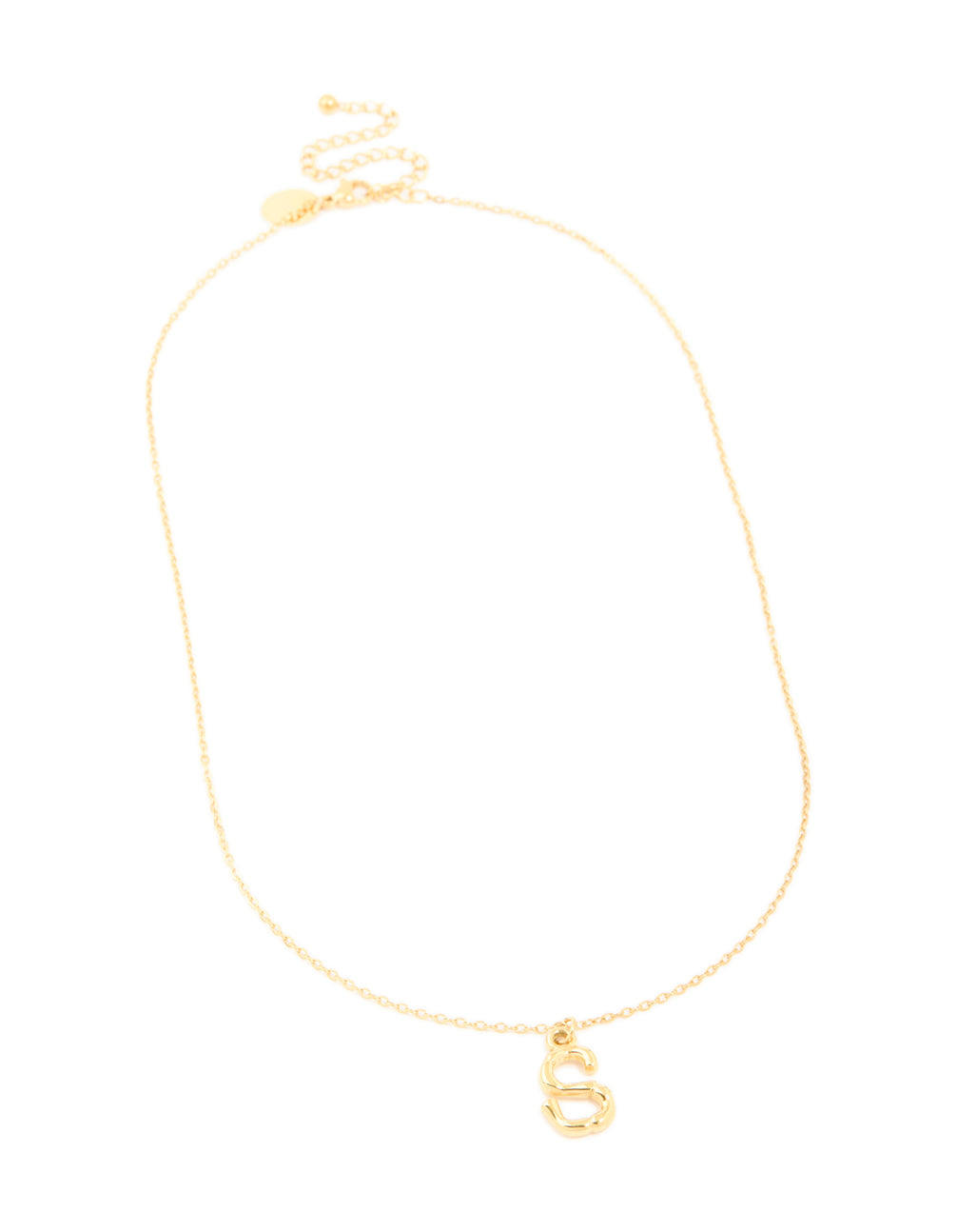 Presenting a waterproof initial necklace with bamboo letter S in gold plated stainless steel front view