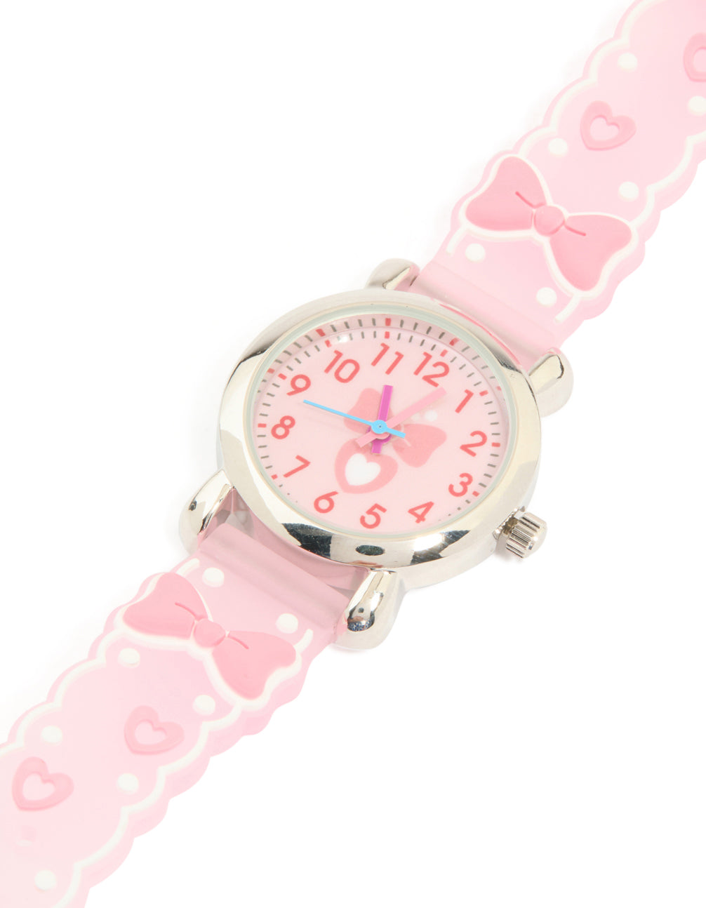 Featured here is a kids slap watch showcasing a bow and heart details with numbers on the dial, round shape, crafted for casual occasions, silicone construction in pink, designed for kid as an analog timepiece, watch face detail view
