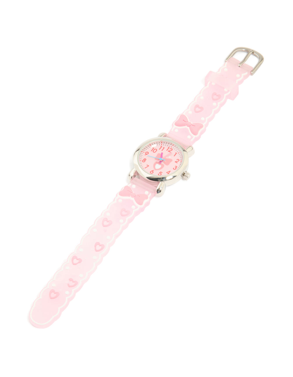 Discover this kids slap watch featuring bow accents and heart motifs with numbers displayed on a round dial, casual analog design in pink silicone for kid, front view