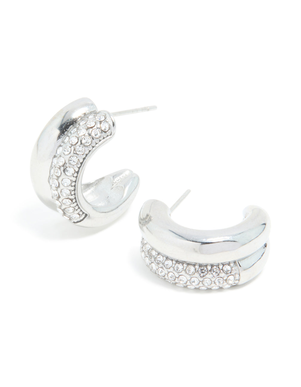Showcasing waterproof stainless steel cubic zirconia pave illusion hoop earrings in silver front view