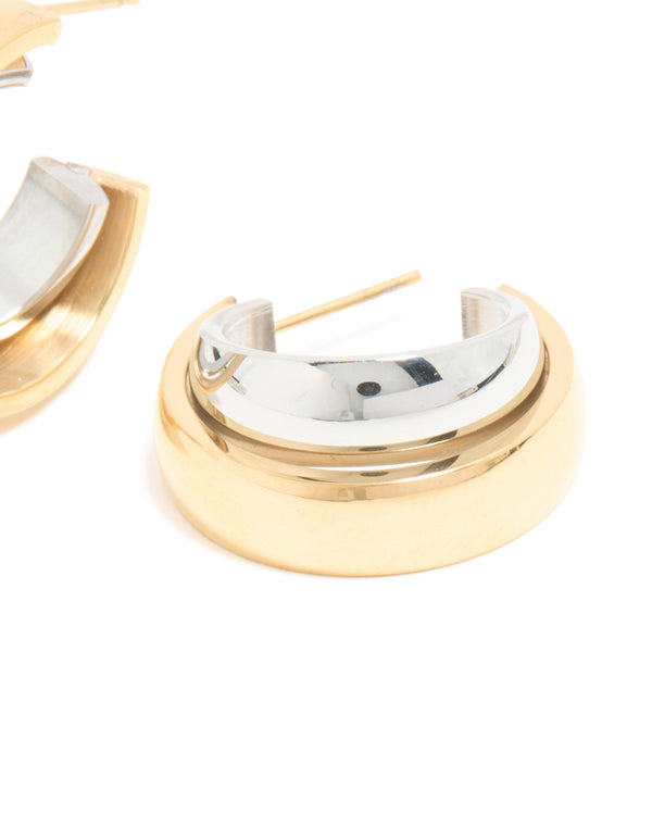 Waterproof Mixed Metals Plated Stainless Steel Small Illusion Hoop Earrings