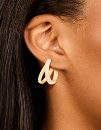 Waterproof Gold Plated Stainless Steel Cubic Zirconia Double Illusion Hoop Earrings - link has visual effect only