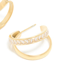 Waterproof Gold Plated Stainless Steel Cubic Zirconia Double Illusion Hoop Earrings - link has visual effect only