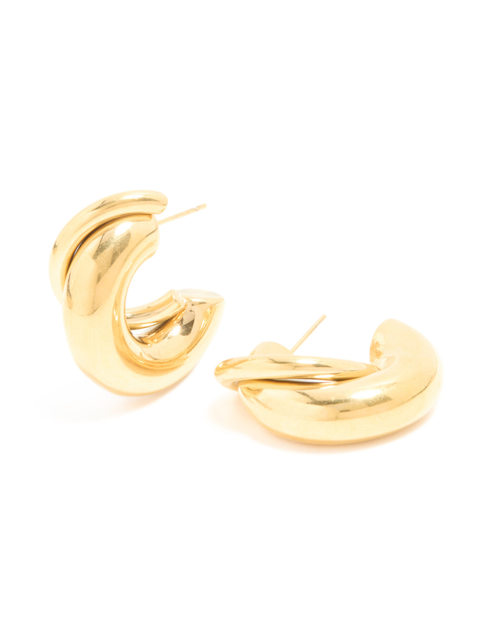 Showcasing waterproof gold plated stainless steel medium illusion hoop earrings with statement style front view