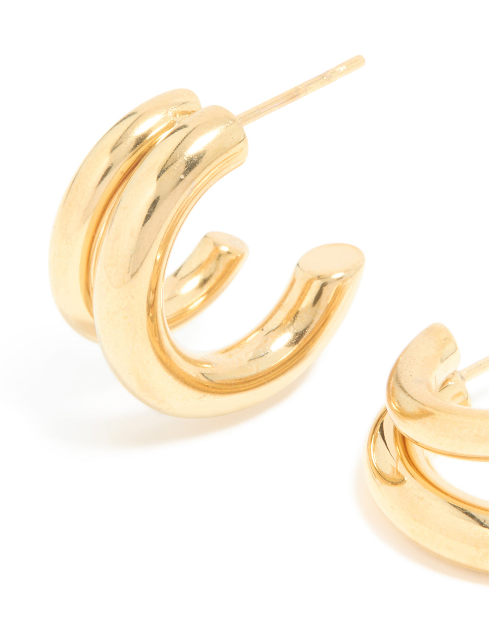 Featuring waterproof gold plated stainless steel double illusion open hoop earrings with statement design close up view