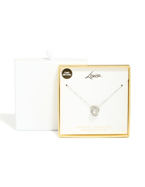 Waterproof Stainless Steel Cubic Zirconia Triple Circle Link Necklace