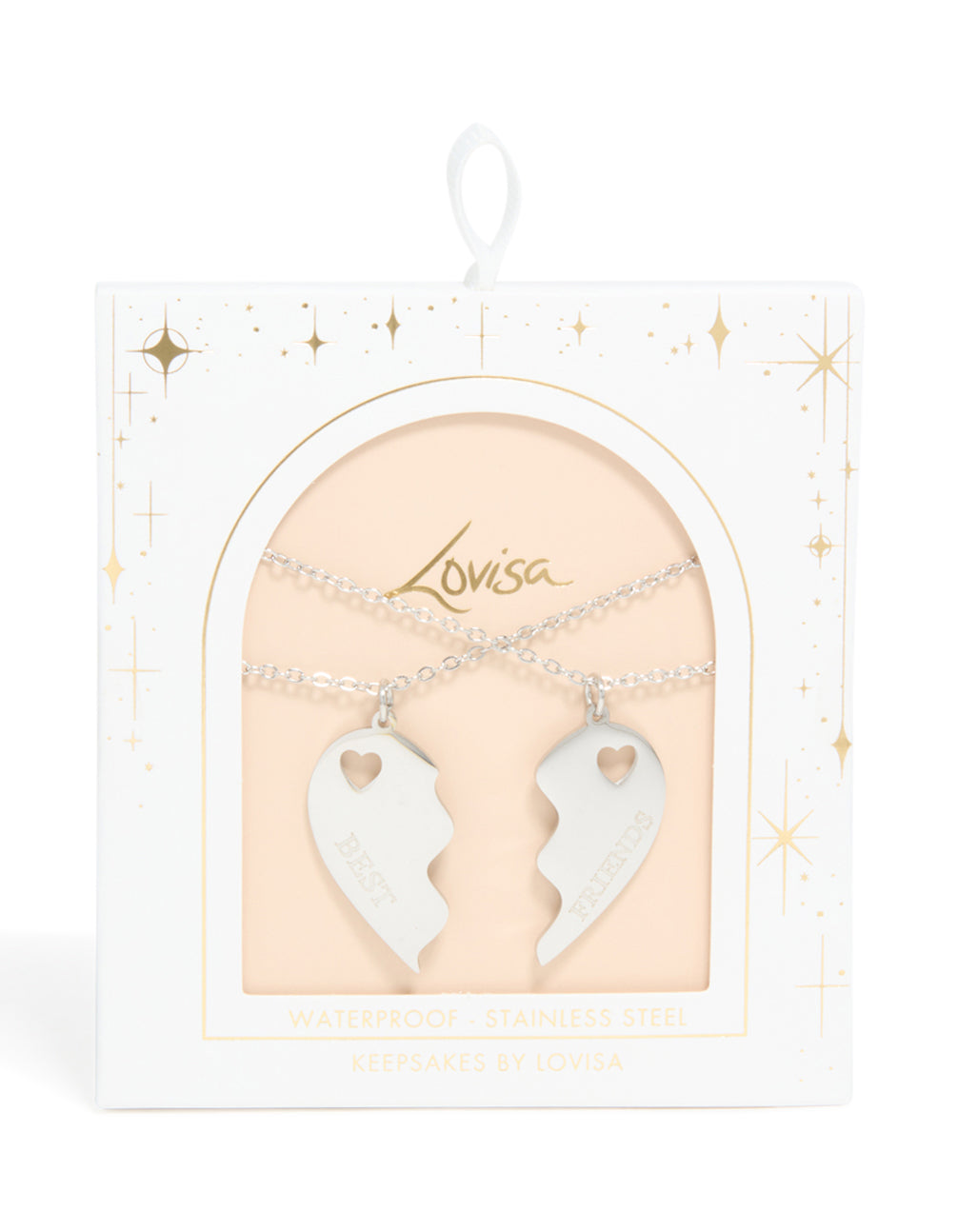 Discover waterproof stainless steel best friends heart necklaces featuring script details in silver, 2-pack close up view