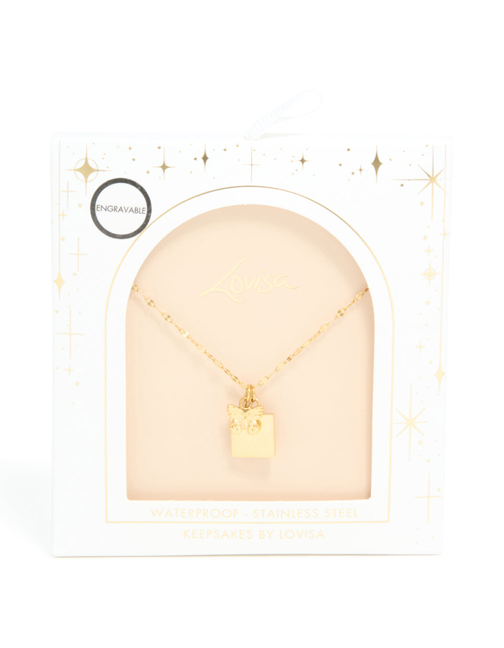 Presenting a waterproof square and butterfly pendant necklace featuring charm in dainty style, made from stainless steel gold plated close up view