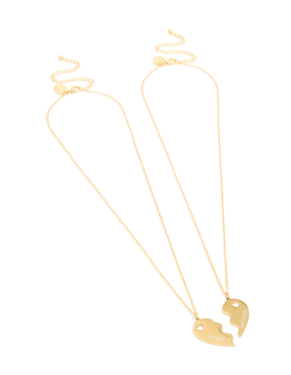 Discover waterproof gold plated stainless steel BFF heart dainty style necklaces with script feature on pendant in a 2-pack front view