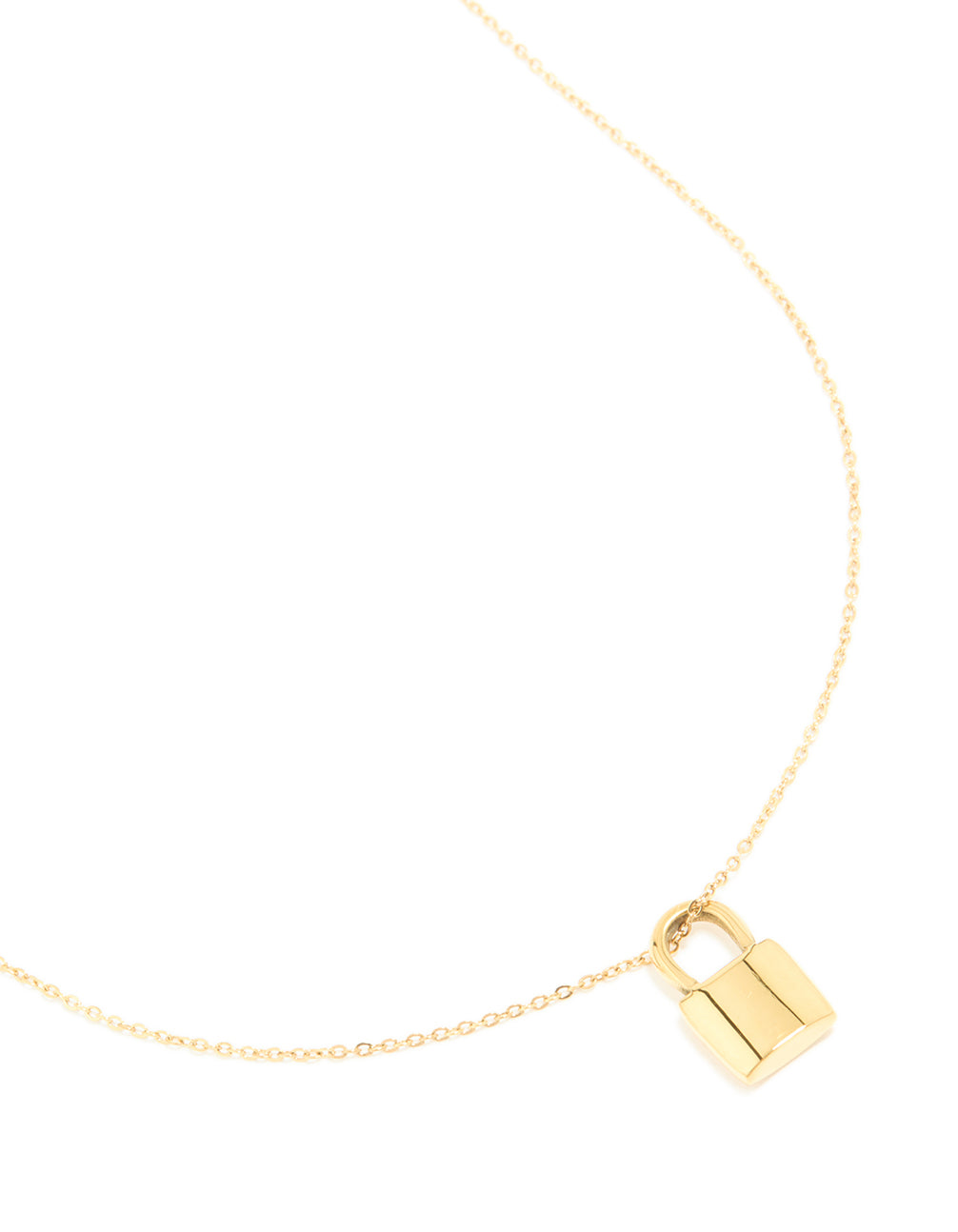 This waterproof gold plated stainless steel lock pendant necklace features a dainty styling in gold close up view