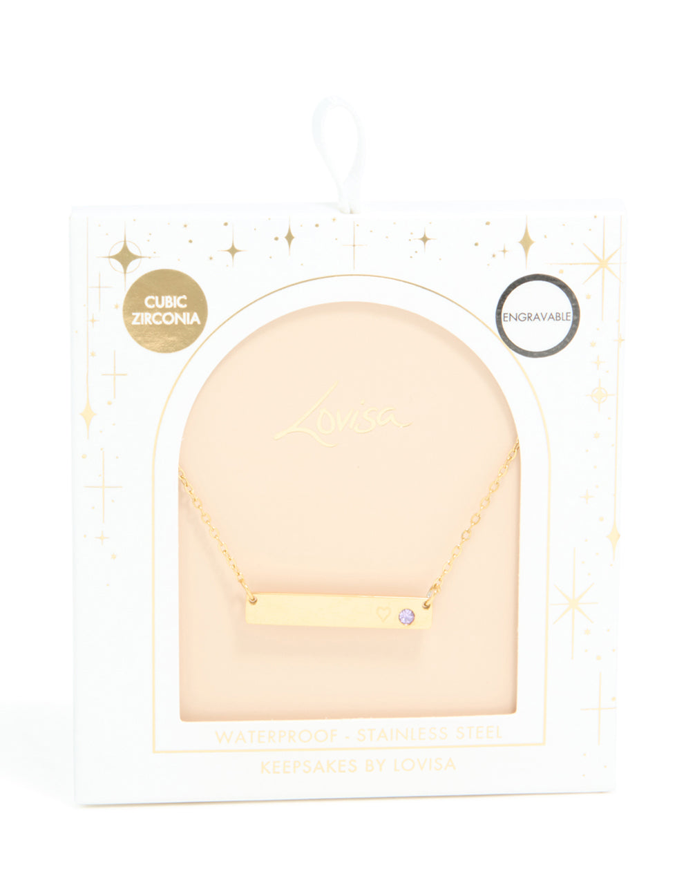 Close look at gold plated stainless steel bar necklace with waterproof cubic zirconia dainty pendant close up view