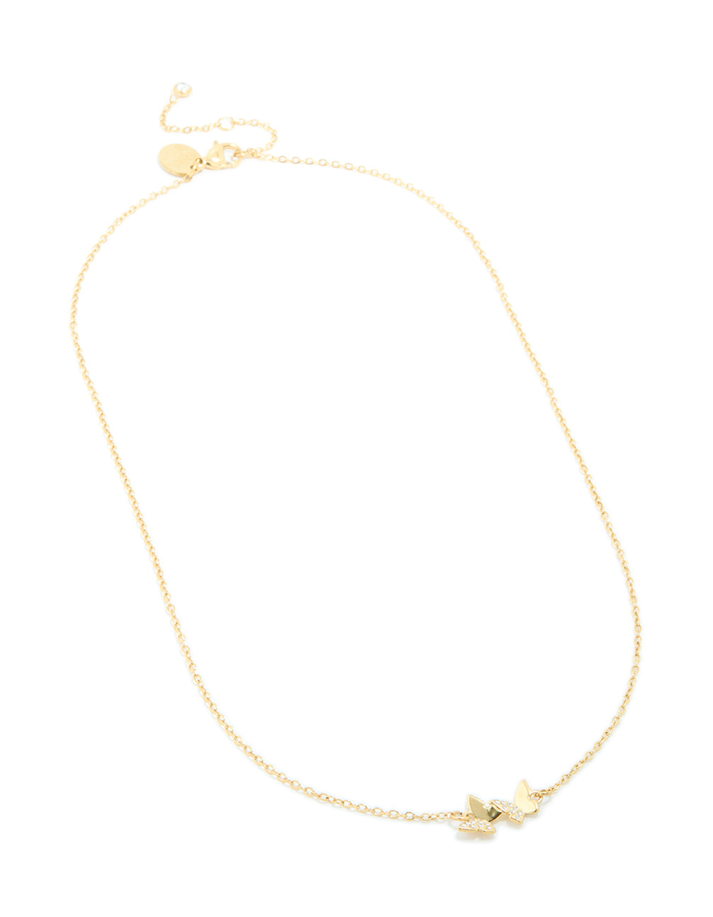 Featuring a waterproof butterfly pendant necklace in gold plated stainless steel with cubic zirconia and dainty aesthetics front view