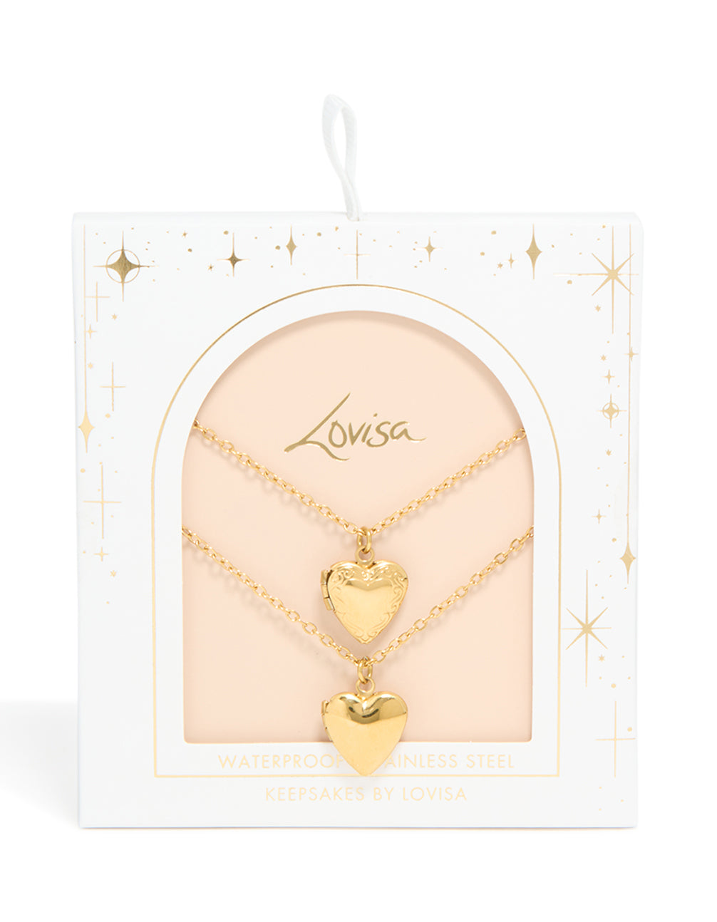 Showcasing heart locket pendant necklaces in waterproof gold plated stainless steel 2-pack close up view