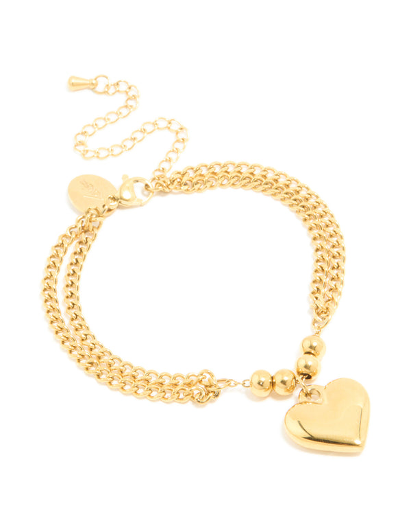 Waterproof Gold Plated Stainless Steel Heart Charm Double Row Bracelet