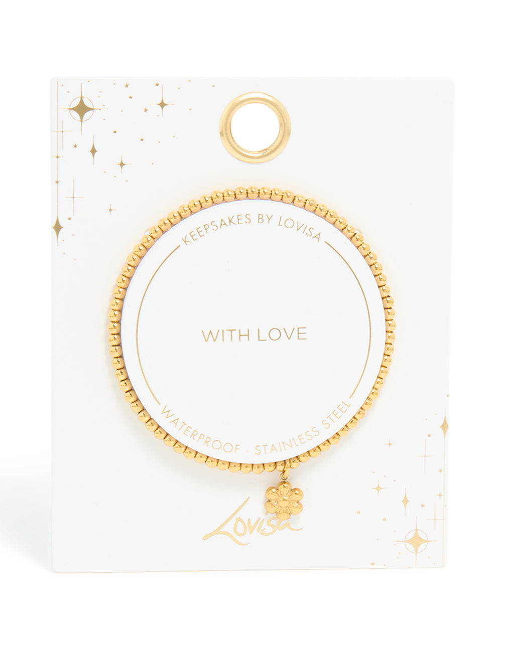 Crafted from waterproof gold plated stainless steel, this stretch bracelet features beads and flower in gold front view