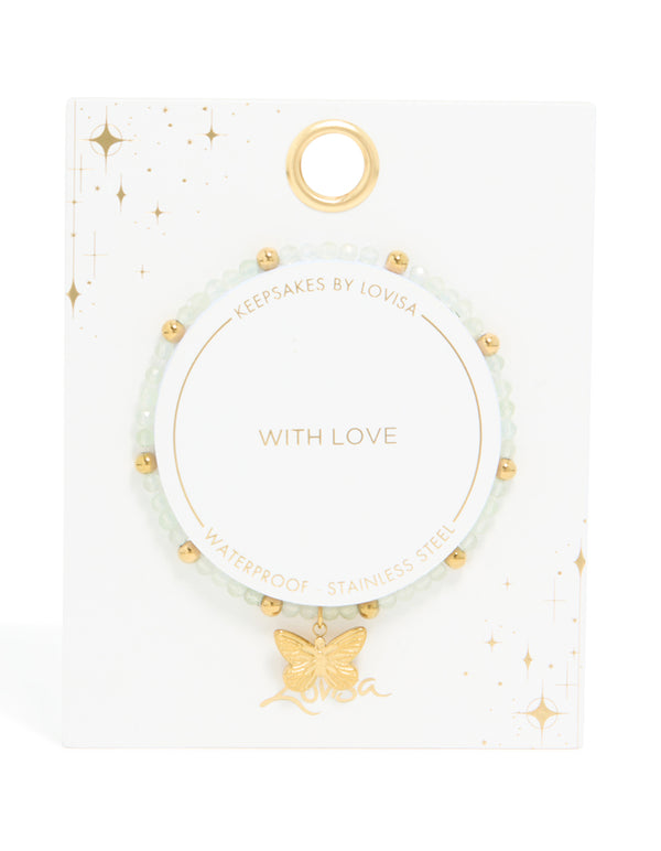 Waterproof Gold Plated Stainless Steel Green Semi Precious Stone Butterfly Stretch Bracelet
