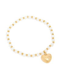 Waterproof Gold Plated Stainless Steel White Semi Precious Stone Heart Charm Stretch Bracelet - link has visual effect only