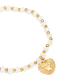 Waterproof Gold Plated Stainless Steel White Semi Precious Stone Heart Charm Stretch Bracelet - link has visual effect only