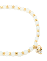 Waterproof Gold Plated Stainless Steel Clear Quartz Semi Precious Stone Heart Link Stretch Bracelet - link has visual effect only