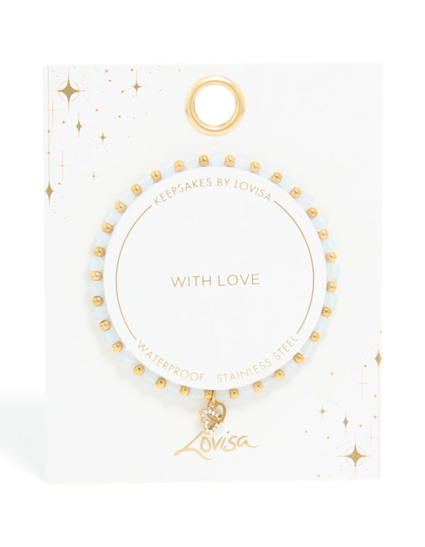 Waterproof Gold Plated Stainless Steel Clear Quartz Semi Precious Stone Heart Link Stretch Bracelet