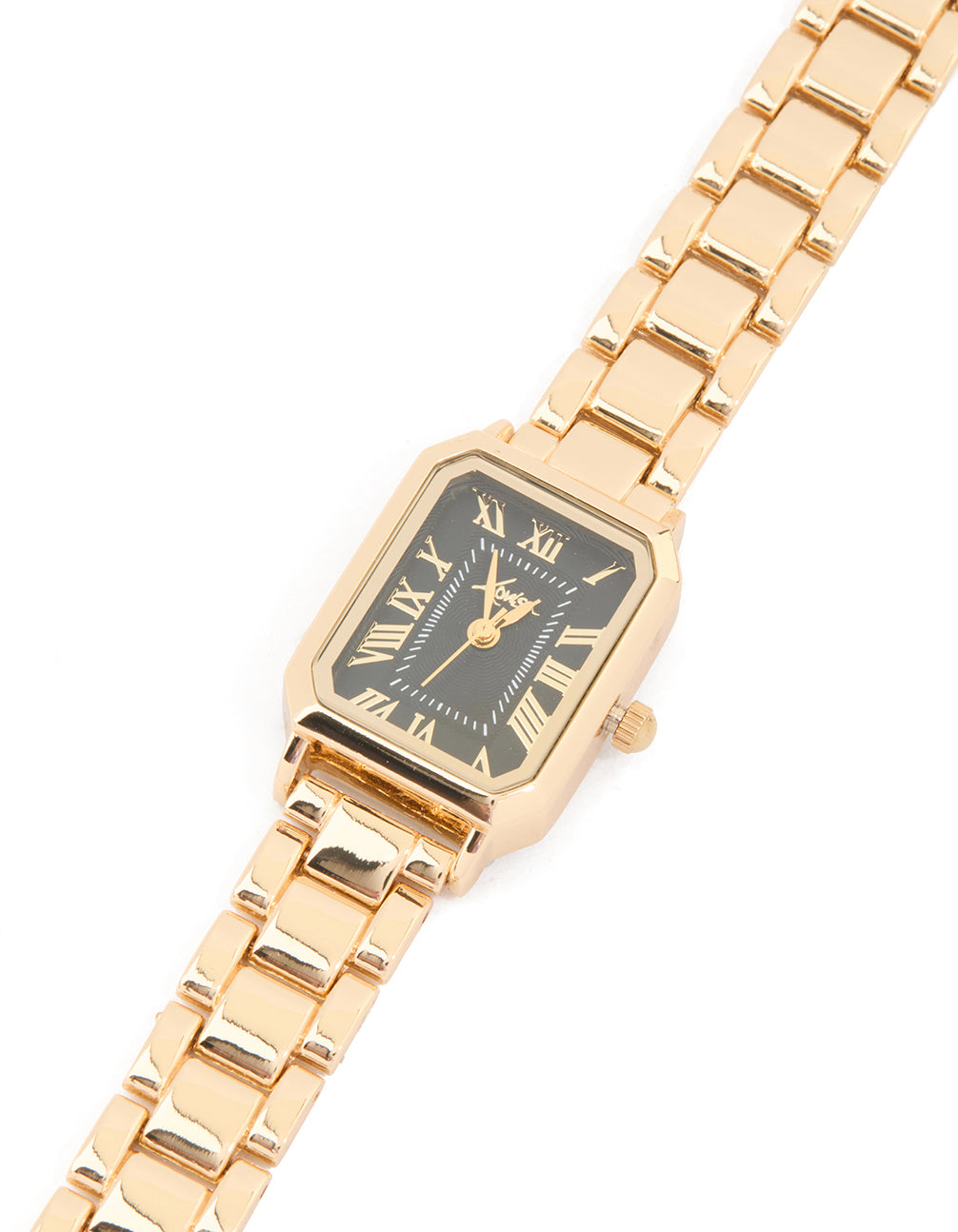 Featuring a women's analog watch with black roman numeral rectangular dial, link band strap in gold, designed for formal occasions watch face detail view