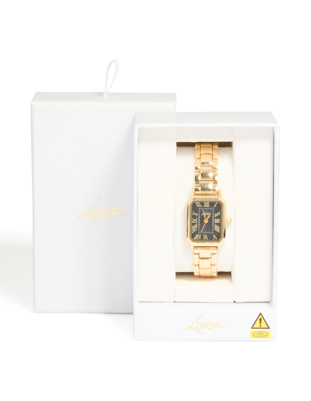 Beautifully designed women's analog watch with black roman numeral rectangular dial, link band strap in gold, designed for formal occasions displayed in packaging case detail view