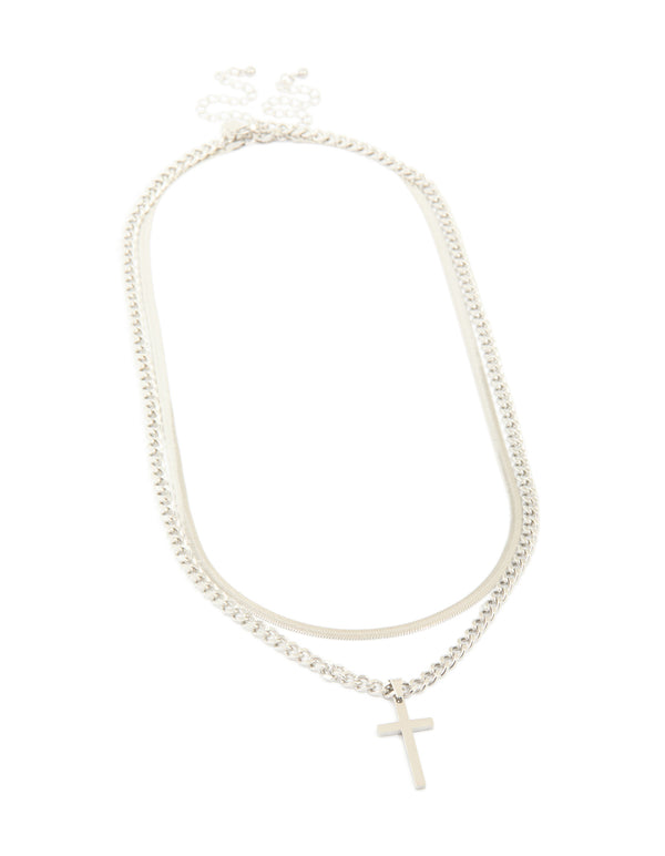 Mens Waterproof Stainless Steel Cross & Snake Chain Layered Necklace