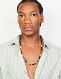 Mens Waterproof Stainless Steel Tigers Eye Semi Precious Stone & Black Beaded Necklace - link has visual effect only