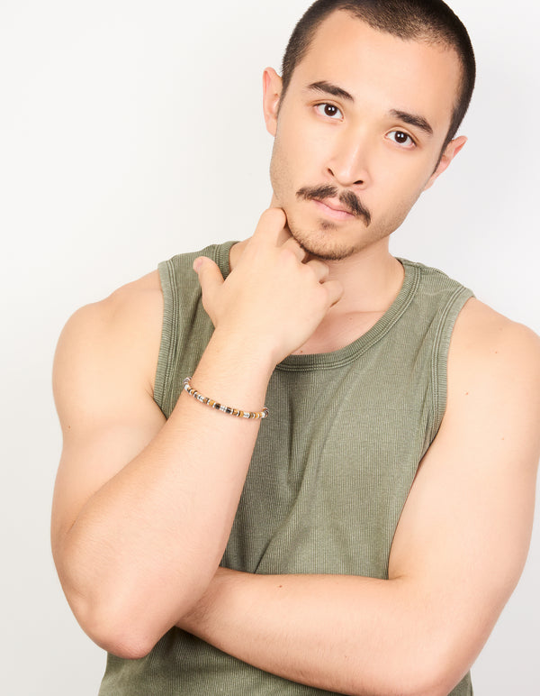 Mens Waterproof Stainless Steel Semi Precious Tiger's Eye Beaded Bracelet